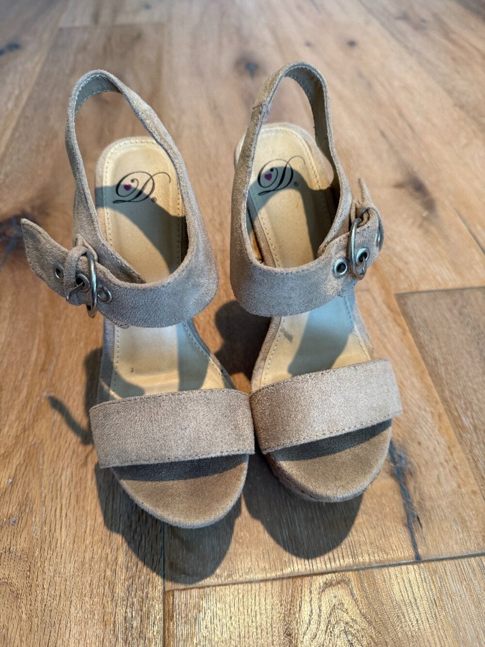 Delicious Suede & Cork Wedges in Neutral Beige Open Toe Sandals
